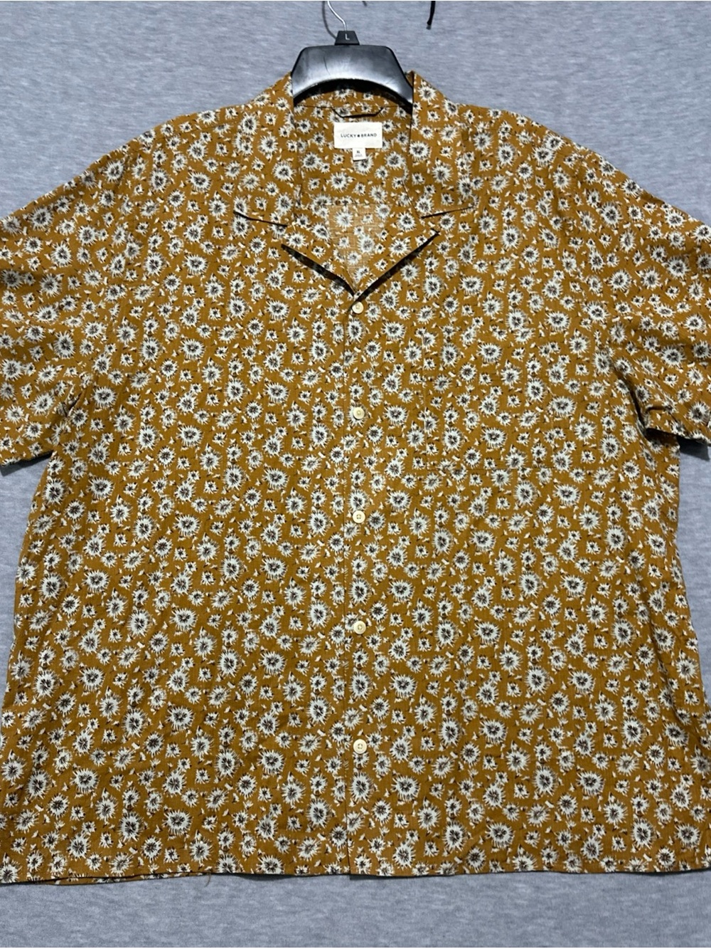 Lucky Brand Shirt Men XL Mustard Floral Print Camp Collar Button Up Short Sleeve